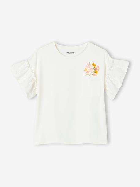 T-Shirt with Ruffled Sleeves in Broderie Anglaise for Girls ecru+peach - vertbaudet enfant 