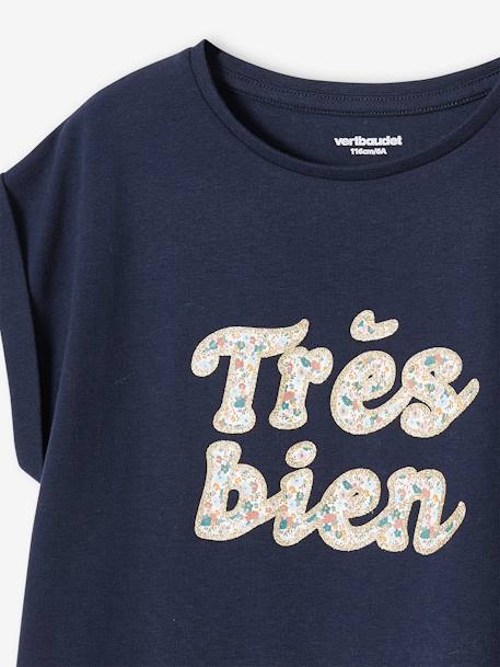 T-Shirt with Message in Flower Motifs for Girls ecru+navy blue - vertbaudet enfant 