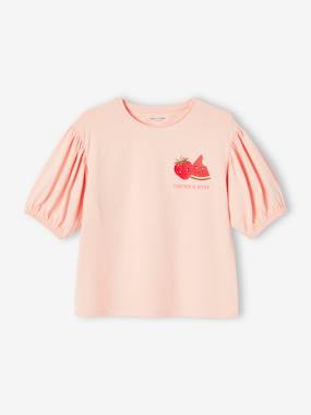 -Bubble Sleeve Top with Fruit Motif on Chest for Girls