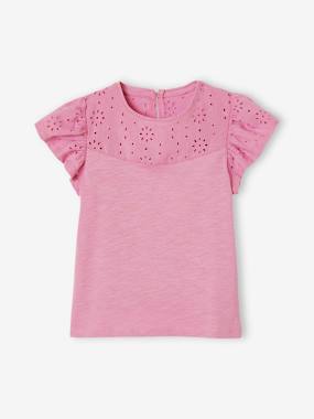 -T-Shirt for Girls, with Broderie Anglaise and Ruffled Sleeves