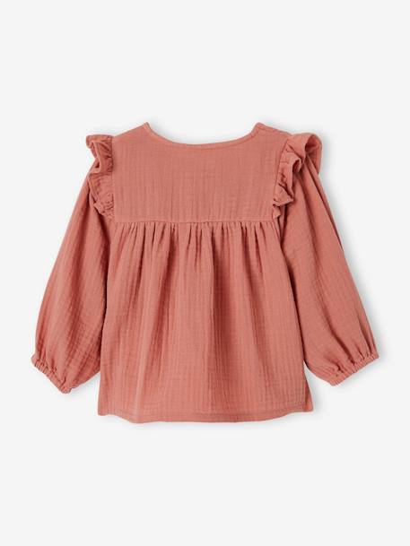 Blouse in Cotton Gauze with Ruffles, for Babies old rose+sky blue - vertbaudet enfant 