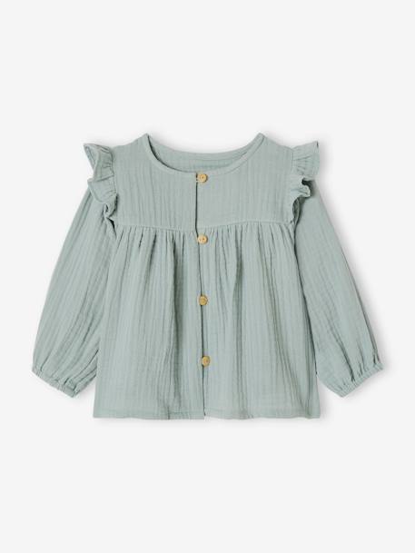 Blouse in Cotton Gauze with Ruffles, for Babies aqua green+old rose - vertbaudet enfant 