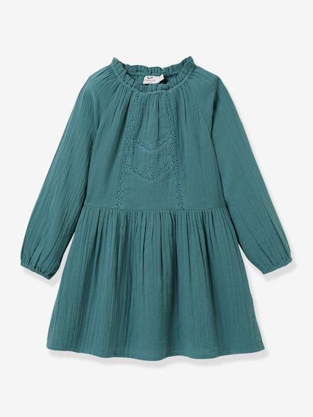 Cotton Gauze Dress with Crew Neck, for Girls, by CYRILLUS brown+sage green - vertbaudet enfant 