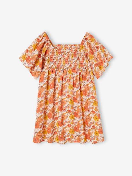 Smocked Floral Print Dress, for Girls nude pink - vertbaudet enfant 