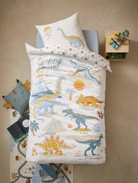 Parure housse de couette enfant et taie d'oreiller JURASSIC CAMP blanc imprimé - vertbaudet enfant 