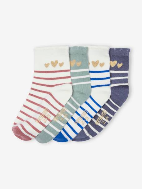 Pack of 4 Pairs of Striped Socks with Shimmering Hearts blue - vertbaudet enfant 