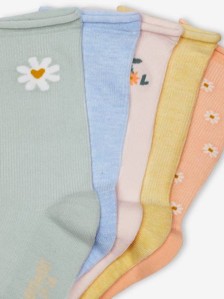Pack of 5 Pairs of Daisy Socks in Rib Knit for Girls apricot - vertbaudet enfant 