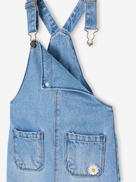 Denim Dungarees with Embroidered Flower Detail for Girls - stone