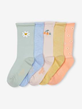 Pack of 5 Pairs of Daisy Socks in Rib Knit for Girls  - vertbaudet enfant