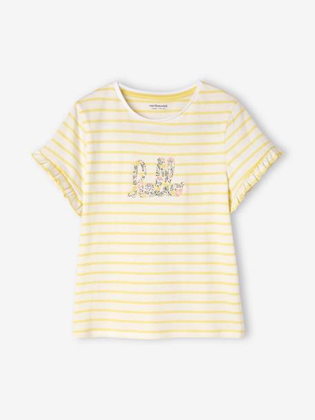 Short Sleeve Striped T-Shirt with Ruffles for Girls ecru - vertbaudet enfant 