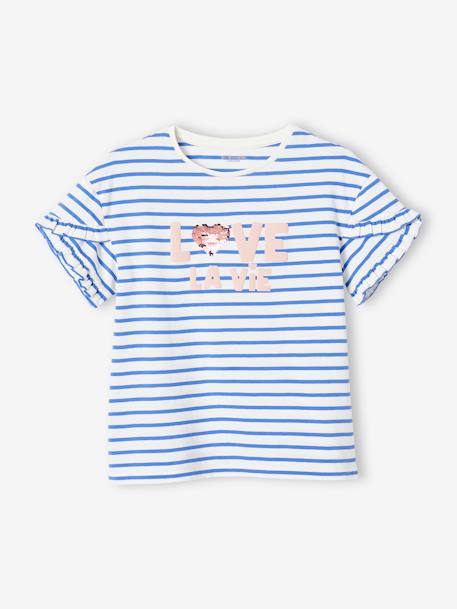 Striped T-Shirt, Sequinned Heart, for Girls navy blue+sky blue+striped blue+WHITE MEDIUM STRIPED - vertbaudet enfant 