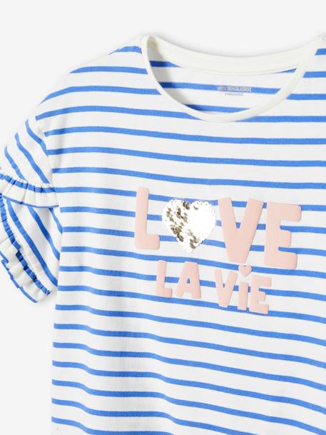 Striped T-Shirt, Sequinned Heart, for Girls navy blue+striped blue+WHITE MEDIUM STRIPED - vertbaudet enfant 