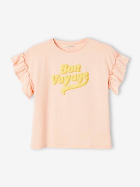 Short Sleeve T-Shirt with Message in Puff Ink & Ruffles, for Girls pale pink - vertbaudet enfant 
