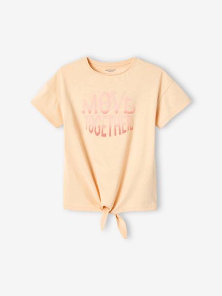 Sports T-Shirt with Glittery Motif & Knotted Hem for Girls ecru - vertbaudet enfant 