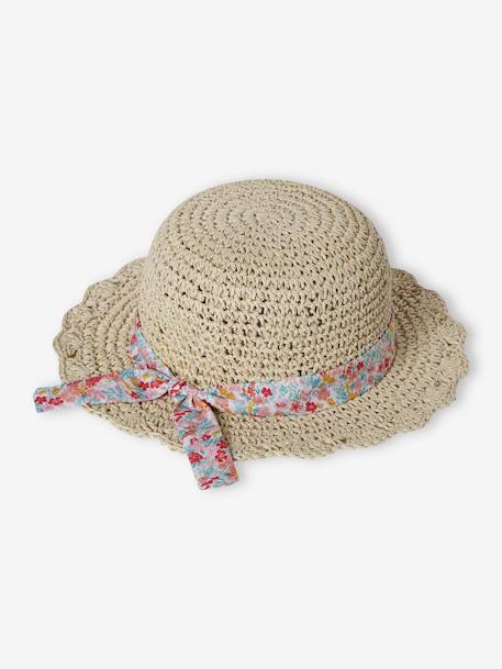 Crochet-Effect Straw-Like Hat with Printed Ribbon for Girls sandy beige - vertbaudet enfant 