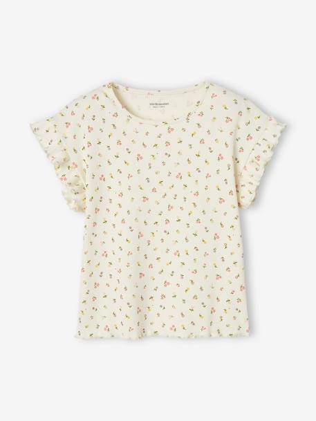 Rib Knit T-Shirt with Printed Flowers for Girls ecru+ink blue - vertbaudet enfant 