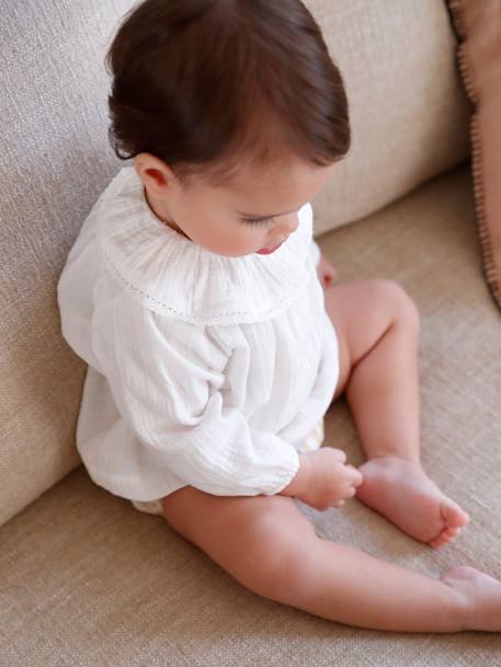 Cotton Gauze Blouse with Frilly Collar for Baby ecru - vertbaudet enfant 