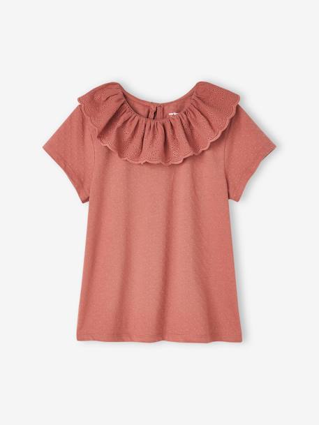 Top with Frilled Collar in Broderie Anglaise for Girls ecru+old rose - vertbaudet enfant 