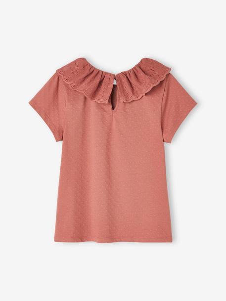 T-shirt à collerette en broderie anglaise fille écru+vieux rose - vertbaudet enfant 