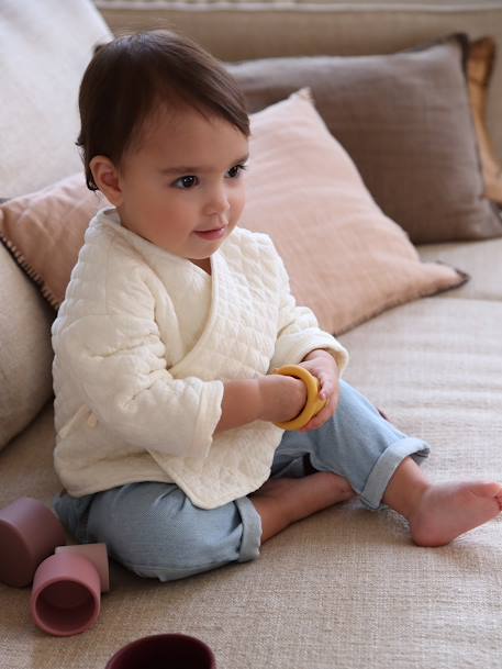 Embroidered Harem-Style Denim Trousers for Babies bleached denim+cappuccino - vertbaudet enfant 