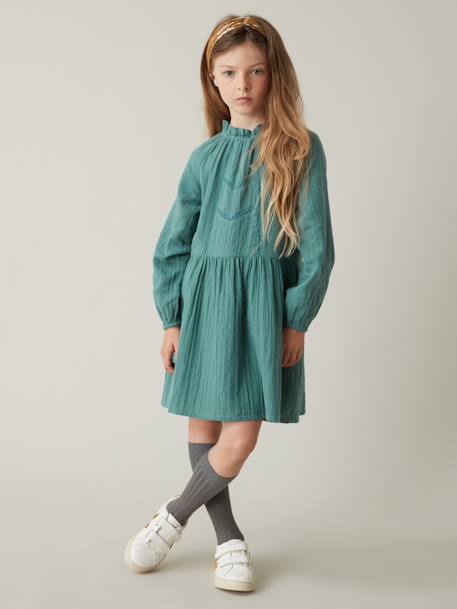 Cotton Gauze Dress with Crew Neck, for Girls, by CYRILLUS brown+sage green - vertbaudet enfant 