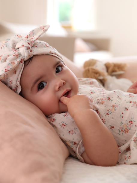 Ensemble bébé 3 pièces en gaze de coton : robe + bloomer + turban écru - vertbaudet enfant 