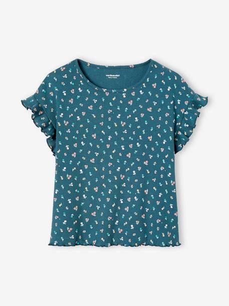 T-shirt à côtes imprimé fleurs fille écru+encre - vertbaudet enfant 