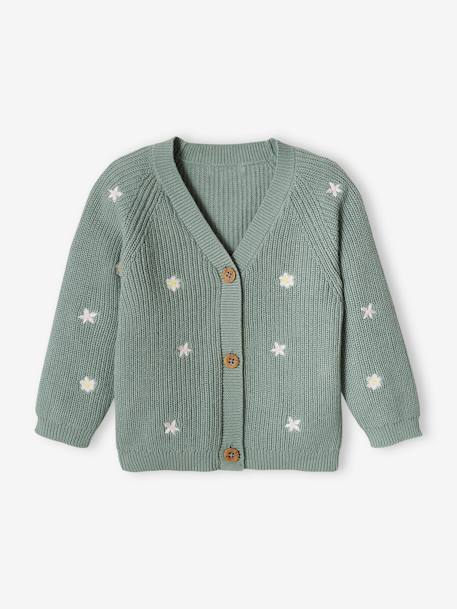 Gilet bébé brodé en côtes anglaises écru+marine+vert d'eau - vertbaudet enfant 