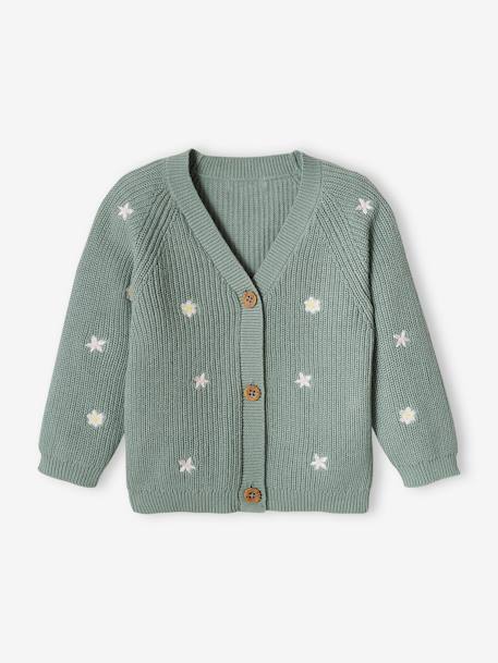 V-Neck, Brioche Stitch Cardigan with Embroidery, for Babies aqua green+ecru - vertbaudet enfant 