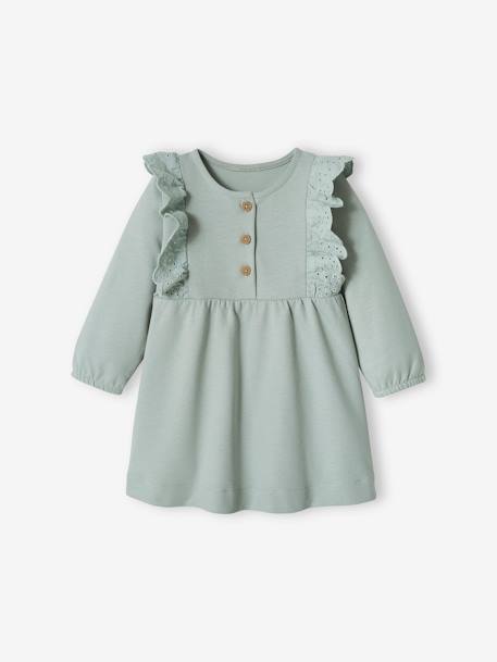Fleece Dress, Broderie Anglaise Ruffle, for Babies coral+grey blue - vertbaudet enfant 