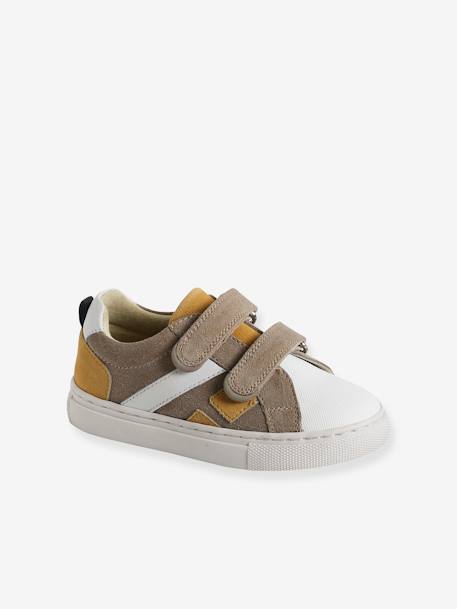 Leather Trainers with Hook-and-Loop Fasteners for Boys, Designed for Autonomy beige+navy blue+set blue - vertbaudet enfant 