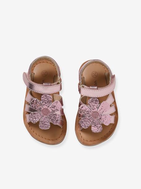 Leather Sandals with Hook-and-Loop Strap, for Baby Girls rose - vertbaudet enfant 