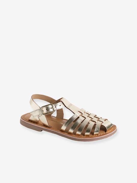Leather Sandals for Girls gold+sandy beige - vertbaudet enfant 