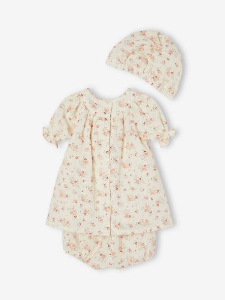 3-Piece Cotton Gauze Ensemble for Babies: Dress + Bloomers + Turban ecru - vertbaudet enfant 