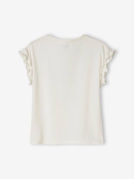 T-Shirt with Iridescent Motif & Short Ruffled Sleeves for Girls ecru+mauve+navy blue+pale yellow - vertbaudet enfant 