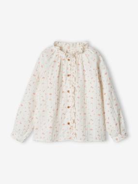 -Blouse in Cotton Gauze with Ruffles & Floral Print, for Girls