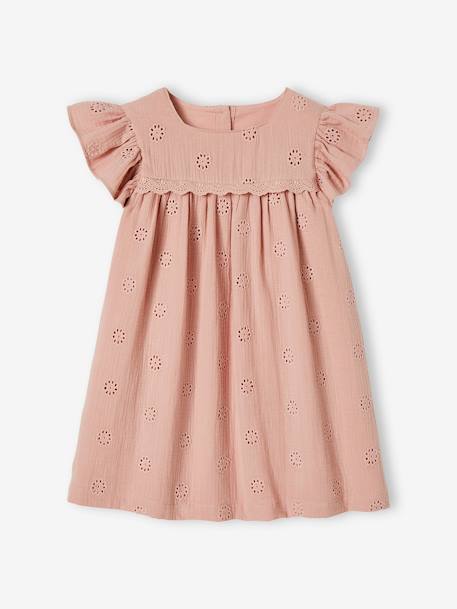 Cotton Gauze Dress with Embroidered Flowers, for Girls pale blue+rosy - vertbaudet enfant 