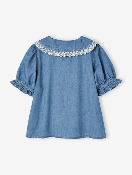 Short Sleeve Denim Shirt with Peter Pan Collar, for Girls stone - vertbaudet enfant 