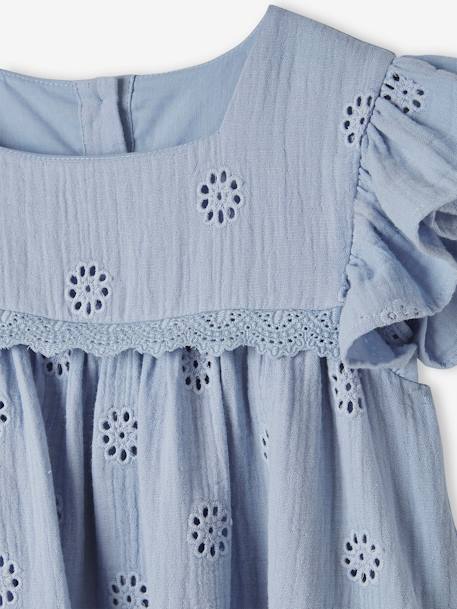 Robe en gaze de coton brodée fleurs fille bleu pâle+rose poudré - vertbaudet enfant 