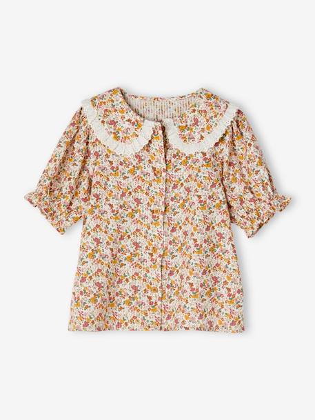 Floral, Short Sleeve Blouse with Peter Pan Collar, for Girls ecru - vertbaudet enfant 