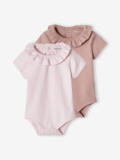 Pack of 2 Short-Sleeved Bodysuits with Fancy Collar, for Babies soft lilac+White - vertbaudet enfant 