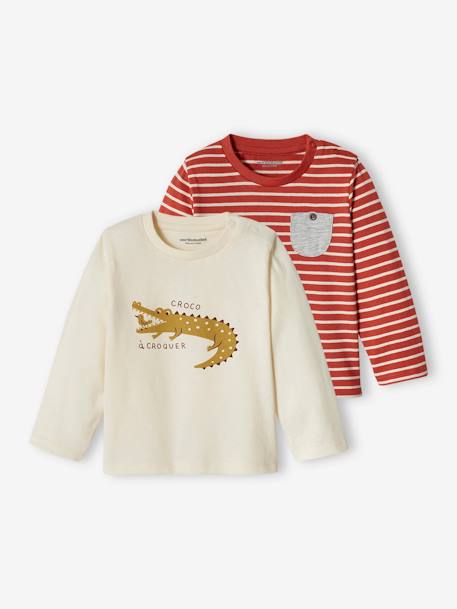 Lot de 2 T-shirts basics bébé motif animal et rayé bronze+écru - vertbaudet enfant 