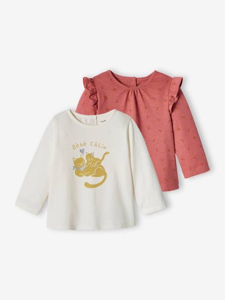 Lot de 2 T-shirts basics bébé manches longues écru+jaune pâle+rose poudré - vertbaudet enfant 