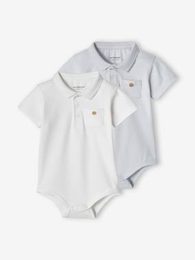 Baby-T-shirts & Roll Neck T-Shirts-Pack of 2 Bodysuits with Polo Shirt Collar & Pocket, for Newborns