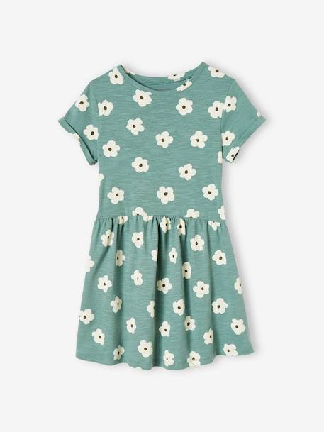 Printed Dress for Girls ecru+emerald green+GREEN DARK ALL OVER PRINTED+pale pink+printed white+rose+rosy+striped blue+YELLOW LIGHT ALL OVER PRINTED - vertbaudet enfant 