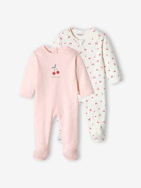 Baby-Pyjamas & Sleepsuits-Pack of 2 Cherry Sleepsuits in Interlock Fabric for Baby Girls