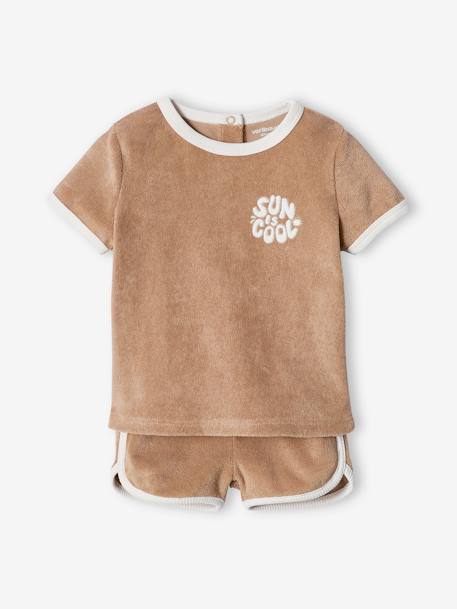 Terry Cloth Shorts + T-Shirt Ensemble for Babies taupe - vertbaudet enfant 