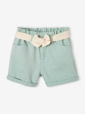 -Paperbag Shorts in Cotton Gauze, with Belt, for Girls
