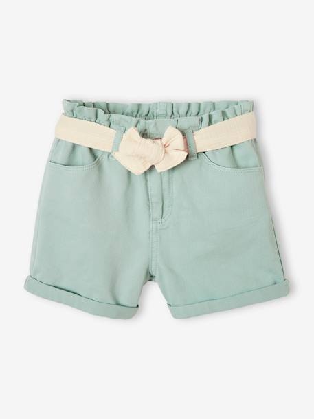 Paperbag Shorts in Cotton Gauze, with Belt, for Girls aqua green+rosy - vertbaudet enfant 