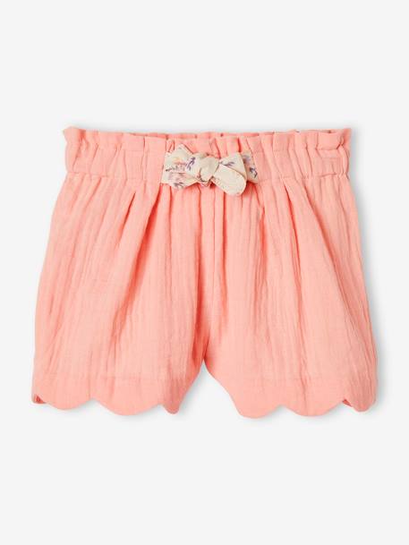 Shorts in Cotton Gauze with Scalloped Trim for Girls blue+coral+nude pink+printed blue - vertbaudet enfant 